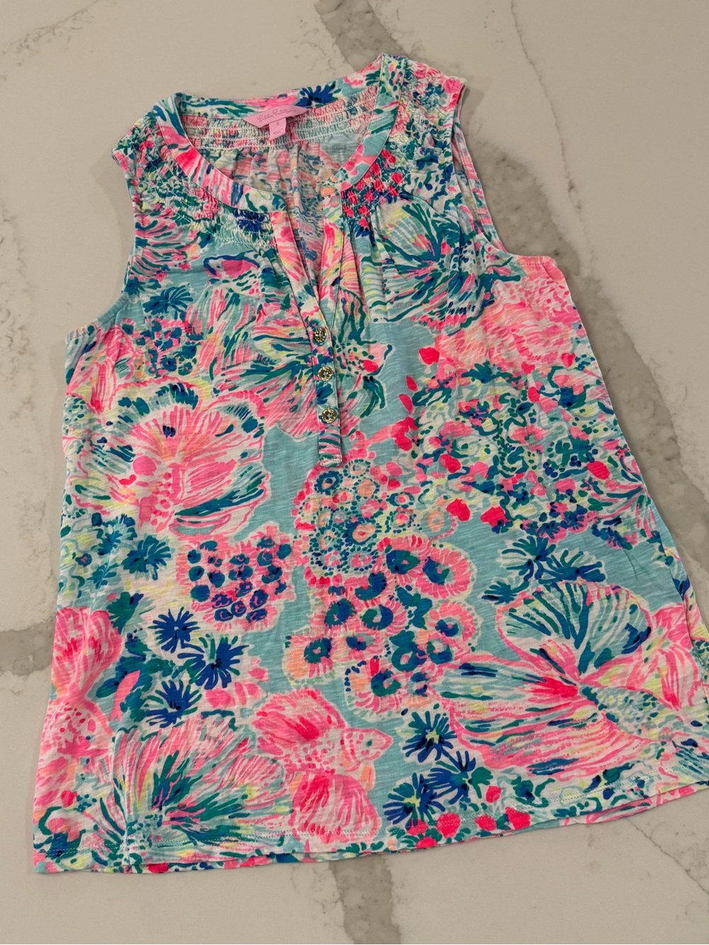 Lilly Pulitzer Essie Henley Tank Top Serene Blue Print Women’s Small Pink/Blue